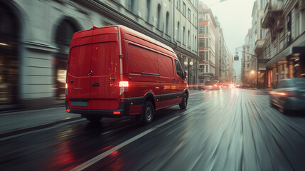red commercial delivery van on the street with motion