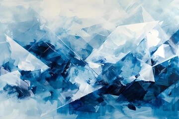 Abstract art inspired by the Arctic's icy landscapes, featuring cool blues and whites with crystal-like geometric patterns.