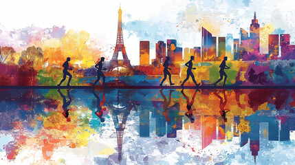 A group of athletes run through the streets of Paris, accompanied by cheering crowds.