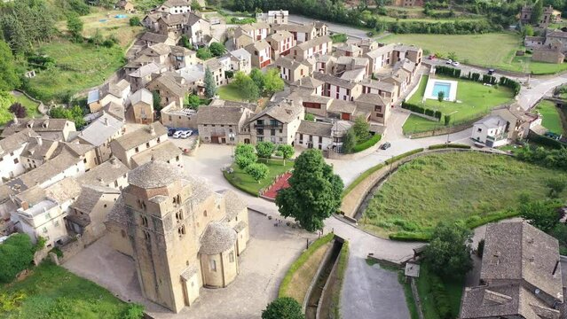 Aerial view of Santa Maria Church, Santa Cruz de la Seros, Huesca province, Aragon, Spain.