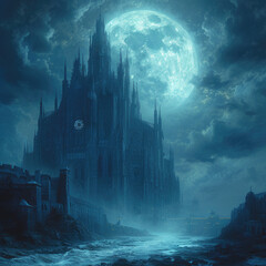 Gothic Cathedral by Full Moon: Eerie Magnificence - obrazy, fototapety, plakaty