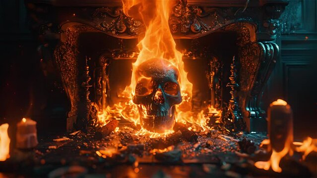 Skull in the fireplace. Halloween concept.