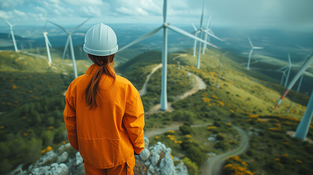 A female engineer in a yellow hard hat stands contemplating the vast wind turbine field, showcasing renewable energy in action..