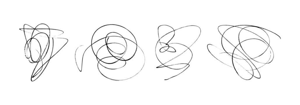 Hand Drawn Scribble Pencil Line Set. Scratch Texture Sketchy Graphic Collection. Sloppy Hatching, Highlighter for Modern Design. Vector Illustration Isolated on White Background. Ballpoint Round Swirl