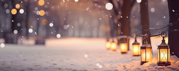lanterns in the middle of a snowy night