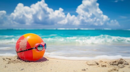 Obraz premium Enjoyable day at the beach with a beach ball and goggles