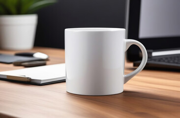 Mug Mock-Up. Blank white 11 oz ceramic cup is on a desk, office interior blurred background. Great for overlaying your custom quotes and designs for selling mugs. Notebooks on wooden table indoors.