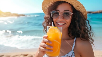 A contented woman sipping orange juice at a summer beach