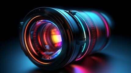 Fototapeta na wymiar close up illustration of camera photo lens on light rays background