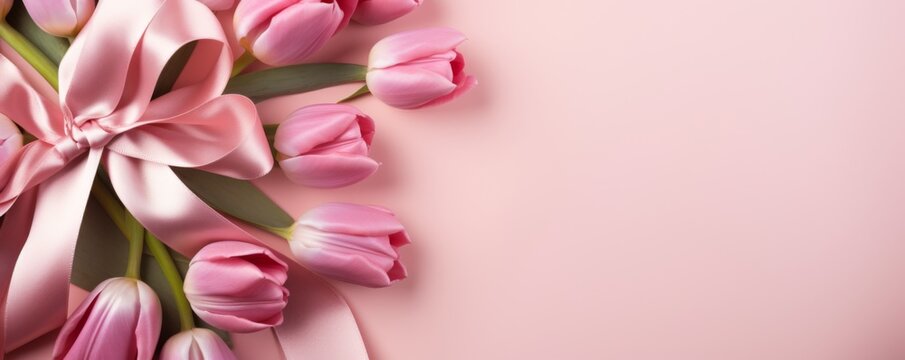 Tupil and petals on pink background, top view. Giftbox with ribbon bow and bouquet of onpastel pink. Valentine