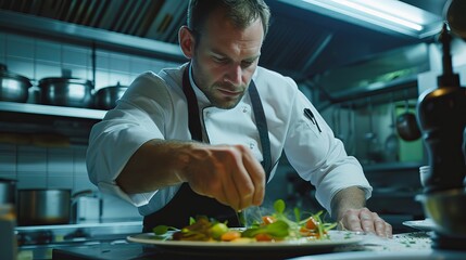 A male chef working in a commercial kitchen is plating food on a platter.