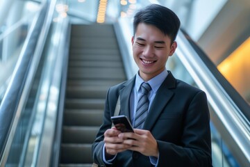 Smiling young asian businessman wearing suit standing on urban escalator using applications on her smartphone. AI generative