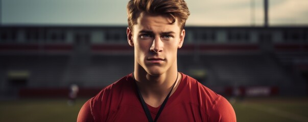 Portrait american football quarterback holding a ball while standing on a field