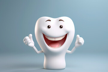 A healthy molar tooth is smiling a snow-white smile with an open mouth and holds the thumbs up on gray background. Oral hygiene, dental care and treatment, tooth extraction, implant placement.
