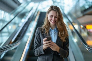 Smiling young caucasian businesswoman wearing suit standing on urban escalator using applications on her smartphone. AI generative