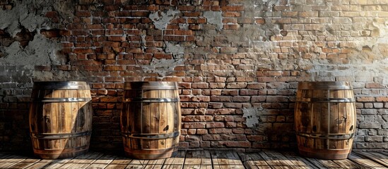 Historical copy space with old gunpowder barrels placed on a brick wall.