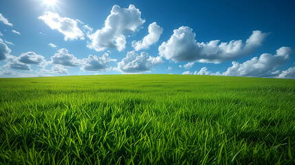 Obraz premium Vibrant green grass covering a gentle hill with a bright blue sky and fluffy white clouds overhead, conveying a sense of freshness and tranquility.