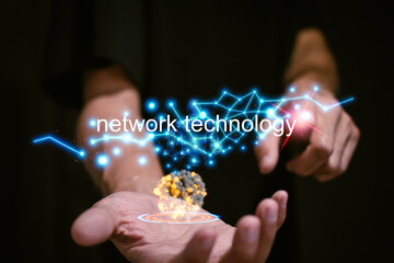 Hand point information chat display screen smart connection user interface business analyze gpt ai data technology talk chat artificial intelligence web online tech network