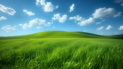 Fototapeta na wymiar Vibrant green grass covering a gentle hill with a bright blue sky and fluffy white clouds overhead, conveying a sense of freshness and tranquility.