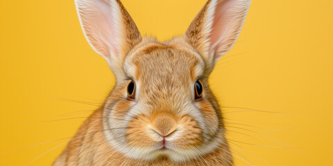 Fototapeta premium Close up portrait of rabbit on yellow background