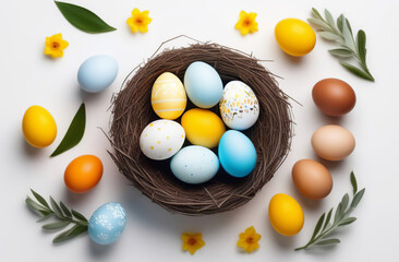 Naklejka na ściany i meble Happy Easter creative concept with Easter eggs in round nest, flowers isolated on white. Easter background. Festive decorations, template for tag, gift greeting card, advertising promo shopping banner