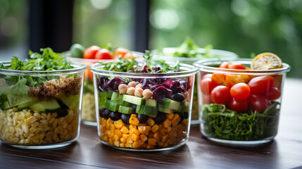 Healthy food at home, Various dishes, meat cuts, vegetable, fruit berries in containers box,...