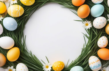 Happy Easter frame with Easter eggs. Round wreath copy space, flowers isolated on white. Festive decorations, template for tag, gift greeting card, advertising promo shopping banner, place for text