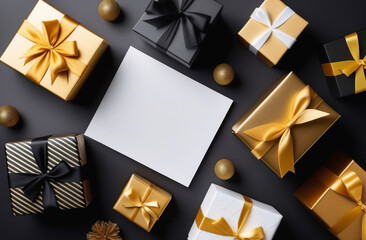 Gift boxes frame, free space for text in center. Black Gifts with gold ribbon, golden bows isolate on dark background. Flat lay, top view, copy space. Presents composition for birthday, father day