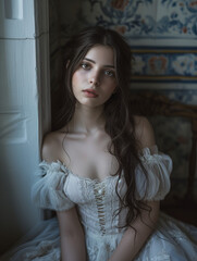 Fototapeta premium A woman with long, dark hair sits by the window, illuminated by morning light, wearing a lacy white corset dress.