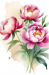 Fototapeta premium Garden flowers are pink peonies. Watercolor background of cloudy sky. 