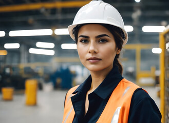 Woman engineer in uniform and safety hard hat on the factory station