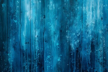 Abstract art inspired by the rhythm of rain, with vertical streaks and splashes in varying shades of blue to capture the essence of rainfall.