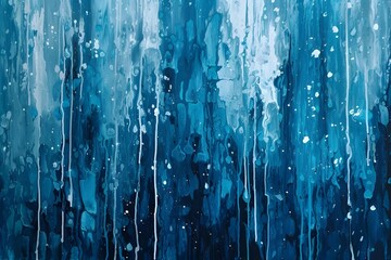 Abstract art inspired by the rhythm of rain, with vertical streaks and splashes in varying shades of blue to capture the essence of rainfall.