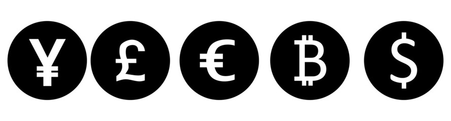 Multiple currency,dollar, euro, pound, yen icons. Stroke outline style. Vector isolated.