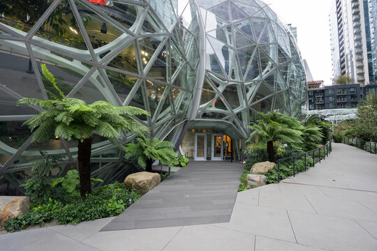 Seattle, WA, USA - Oct 24, 2023: One of the entrances to the Spheres, three intersecting spherical conservatories comprising part of the Amazon headquarters campus in Seattle, Washington.