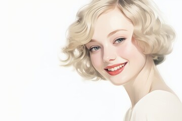 An illustration serving as a background, with a smiling young woman positioned to the side against a white backdrop, offering flexibility for customization.