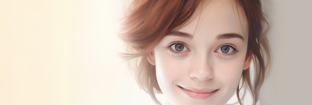 A close-up image capturing the smiling face of a young woman, with room for customization, offering a versatile background for various design needs.
