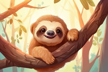 Fototapeta premium Funny sloth in nature. Drawn cartoon animal illustration.