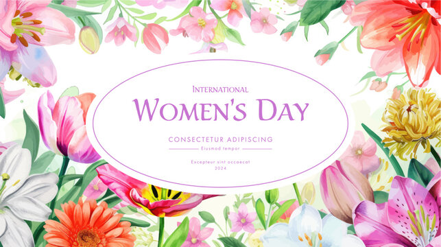 Women's Day. Greeting card with flowers. Vector illustration.