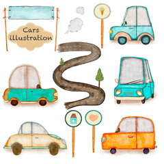 Cars watercolor illustration. Can be used for printing prints, cards, on fabric.