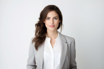 Obraz premium A background image featuring a portrait of a businesswoman facing forward against a white backdrop, providing a clean and professional canvas for various design needs.