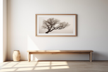 Rustic wooden bench positioned against a white wall with poster frame. Light and shadow from window. minimal tranquility and simplicity in this unique space conner white room, minimalist interior