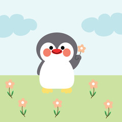 Cute illustration of a cartoon penguin holding a flower with cute handwriting. cute animal wallpapers, backgrounds and cards