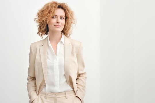 A background image featuring a confident businesswoman against a white backdrop, providing a clean and professional canvas for various design needs.