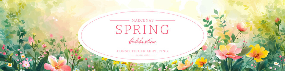 Vector watercolor banner with beautiful flowers framed for spring celebration