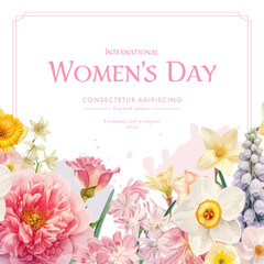 Women's Day. Greeting card with flowers. Vector illustration.