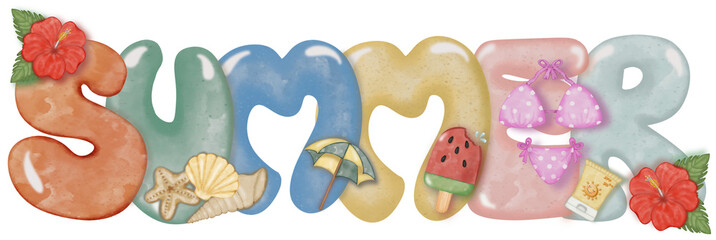 summer, colorful handwritten letters decorated with flowers, shellfish, bikinis, popsicles, and sunscreen painted in watercolors