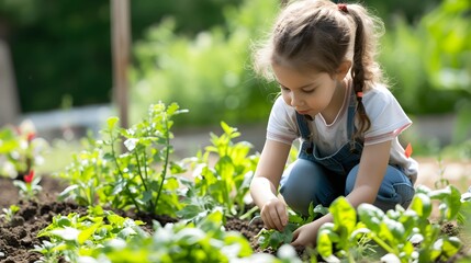 Young girl taking care of her vegetable garden - Concept of new organic business  - obrazy, fototapety, plakaty