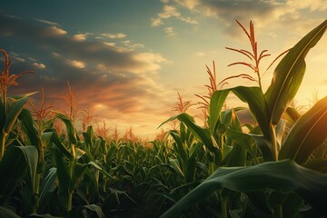 Green corn field in farm garden and shining light at sunrise