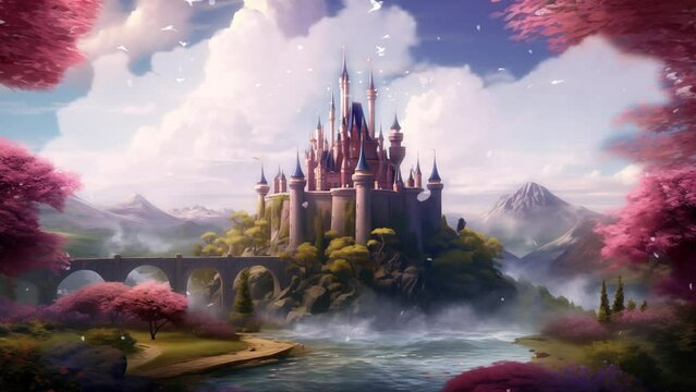 fantasy castle landscape digital illustration fantasy. seamless looping overlay 4k virtual video animation background 